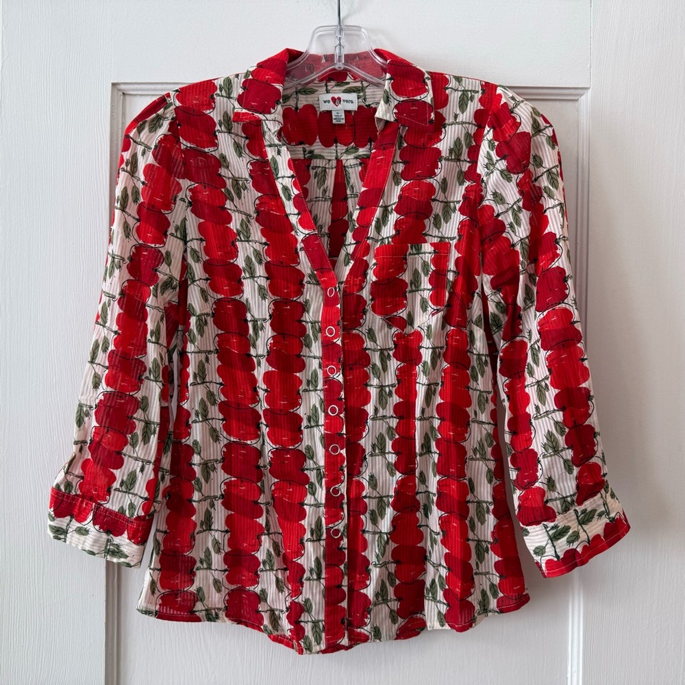 Anthropologie | We Love Vera Red Delicious Apple Print Blouse - Sz 0